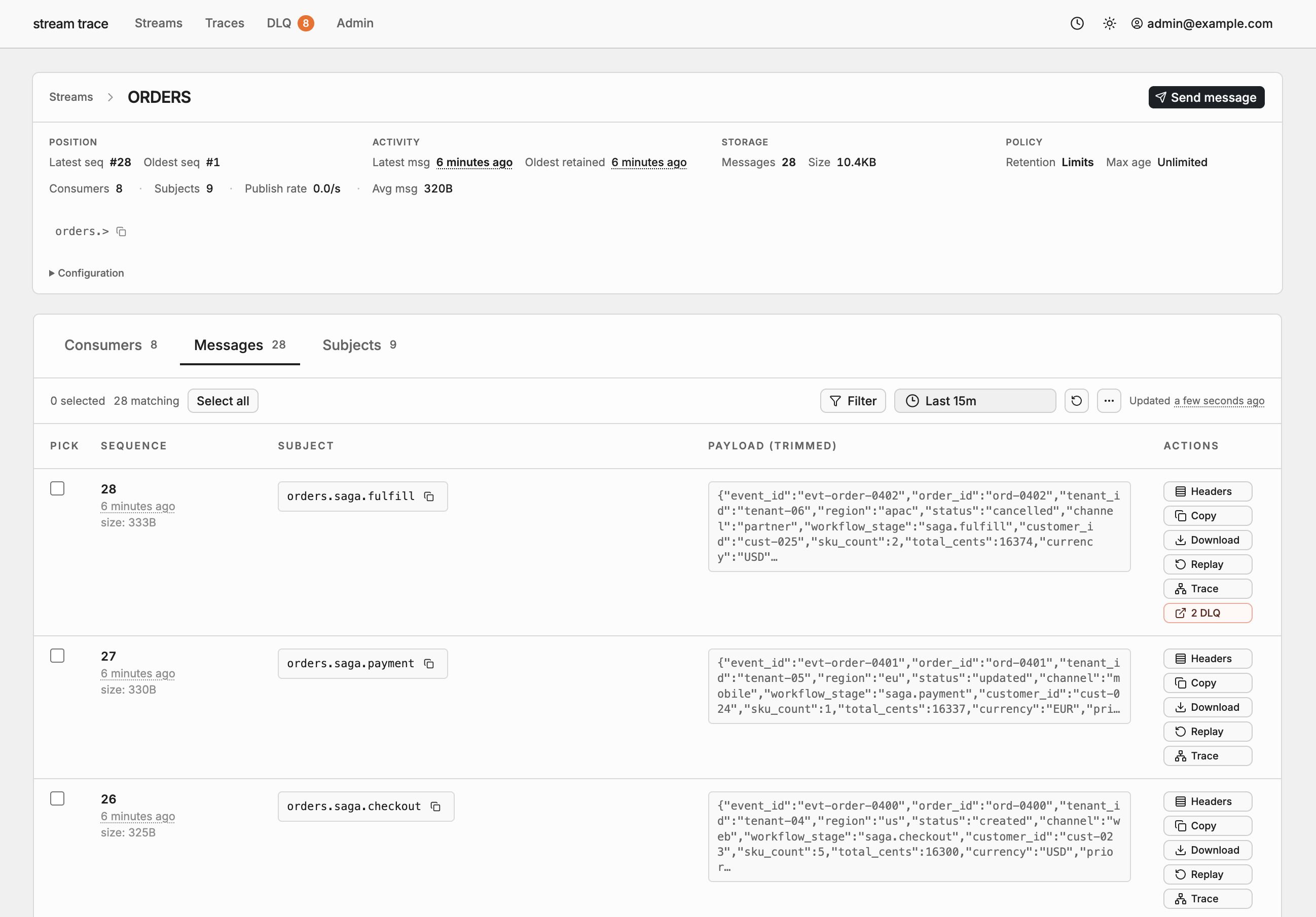 Stream Trace search, replay & publish interface