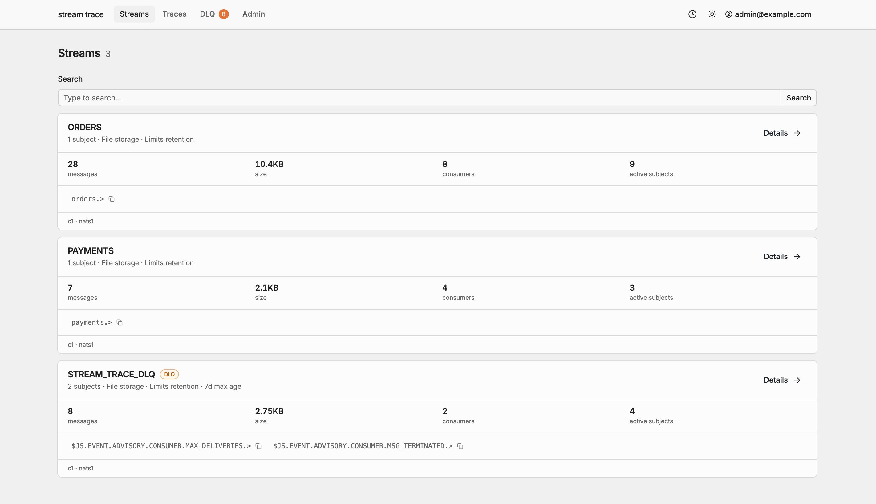 Stream Trace stream & consumer monitoring interface